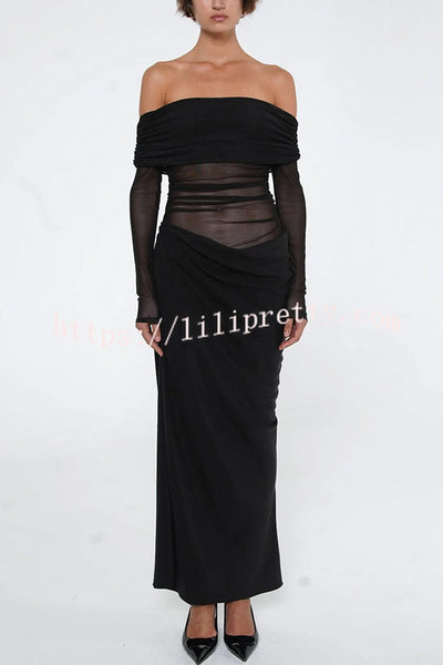 Exquisite Sexy Mesh Patchwork Off Shoulder Cutout Ruched Maxi Dress