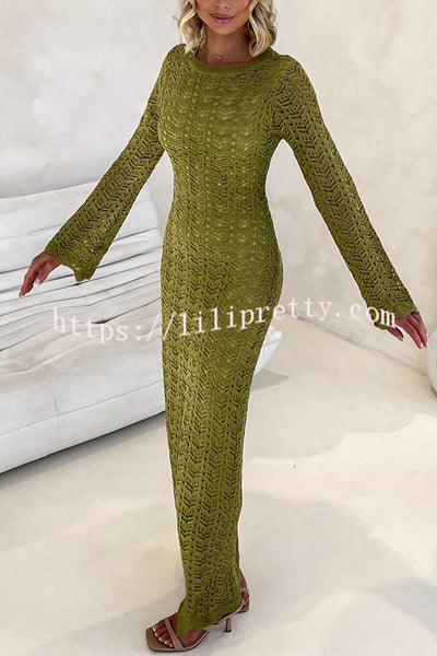 Avie Knit Textured Fabric Backless Tie-up Long Sleeve Stretch Maxi Dress