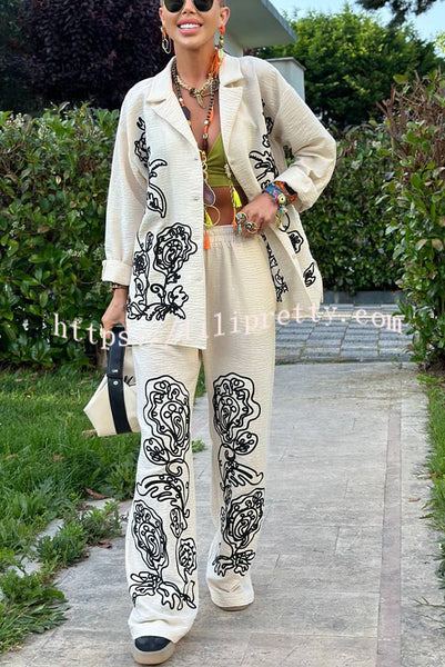 Bella Linen Blend Embroidered Floral Print Long Sleeve Loose Shirt and Elastic Waist Pocket Pants Set