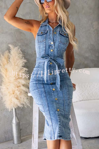 Kalyn Denim Button Up Belted Pocket Halter Stretch Midi Dress