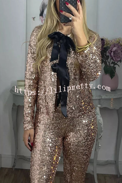 Holiday Cheer Sequin Tie-front Satin Bow Long Sleeve Jacket