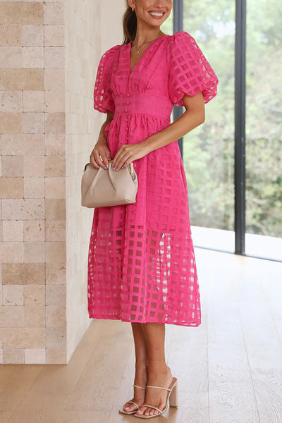 Remarkable Beauty Square Patterned Fabric Puff Sleeve Midi Dress