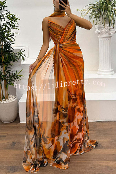 In A Dreamland Chiffon Floral Print Off Shoulder Pleated Scarf Slit Maxi Dress