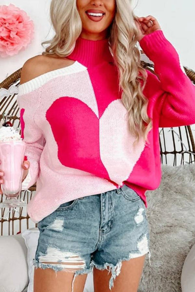 Valentine's Day Heart Turtleneck Cold Shoulder Sweater