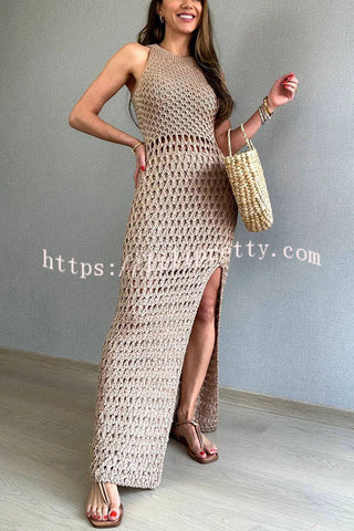 Smiles and Sunshine Knit Texture Hollow Tank Slit Stretch Maxi Dress