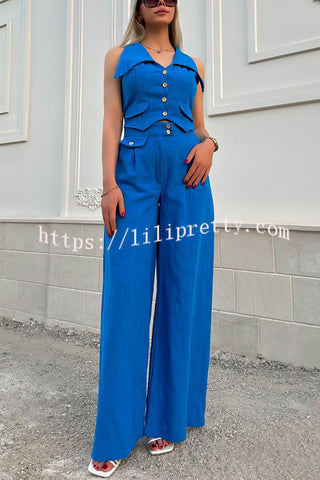 Memorable Crush Linen Blend Patchwork Vest Top and Pocket Wide Leg Pants Set