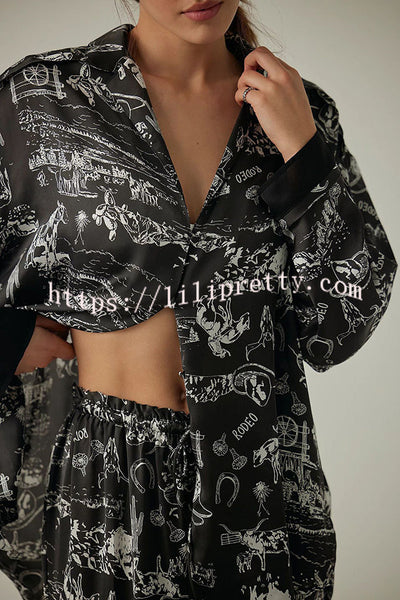 Unique Printed Lounge Long-sleeved Shirt and Elastic Waisted Baggy Pants Set