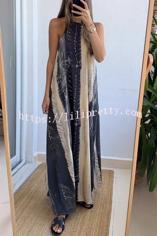 Sunday Charm Contrast Color Tie-dye Print Halter Backless A-line Maxi Dress