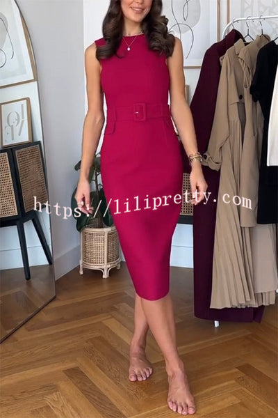 Feel Formal Belted Tailored Stretch Pencil Midi Dress