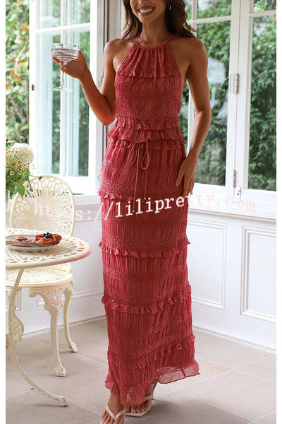 Feel Chic and Romantic Sequin Textured Material Back Elastic Halter Tie Tank and Drawstring Waist Tiered Maxi Skirt Set