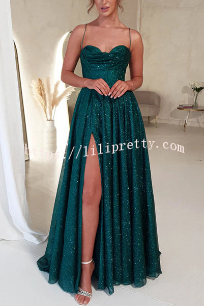 Cinderella Glitter Tulle Fabric Cowl Neck Back Lace-up Pocketed Slit Maxi Dress