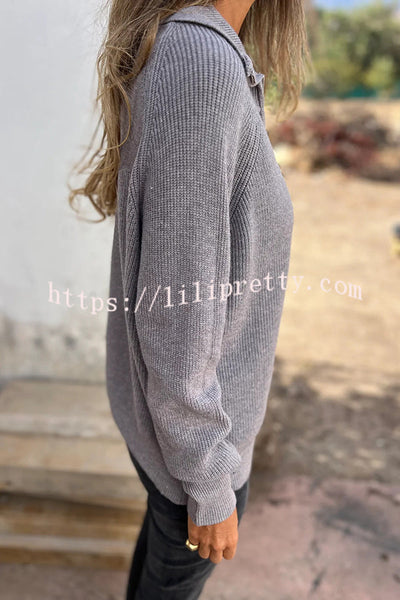 Solid Color Long Sleeve Lapel Zipper Casual Knitted Sweater