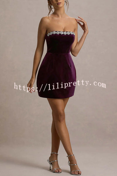 Effortlessly Elegant Velvet Jewel Embellished Trim Bandeau Mini Dress