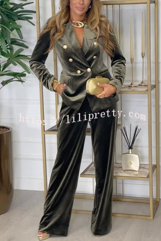 Guest of Honor Velvet Metal Button Lapel Blazer and Elastic Waist Pocketed Loose Pants Set