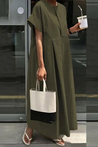 Linen Blend Loose Crew Neck Casual Maxi Dress