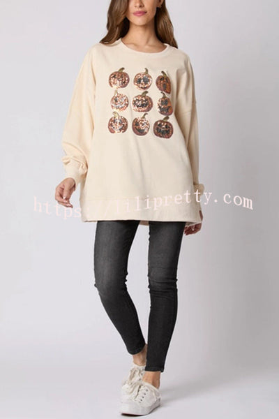 Halloween Pumpkin Sequin Loose Casual Sweatshirt