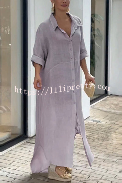 Linen Blend Solid Long Sleeve Buttoned Loose Shirt Style Maxi Dress