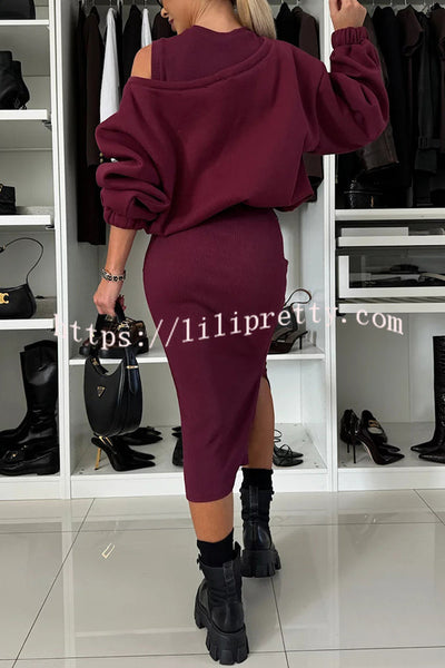 Lifestyle Wide Neck Relaxed Sweatshirt and Ribbed Tank Stretch Midi Dress Set