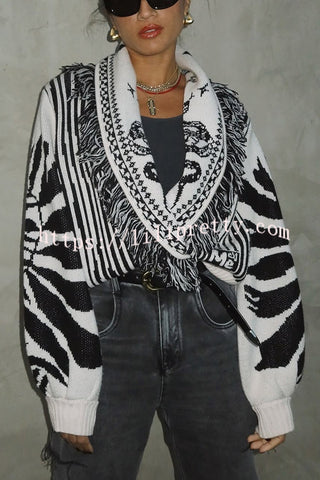 Black Magic Knit Unique Butterfly Pattern Button Up Fringed Lapel Cardigan