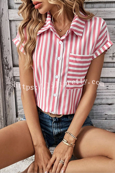 Striped Print Short Sleeve Pocket Shirt Top