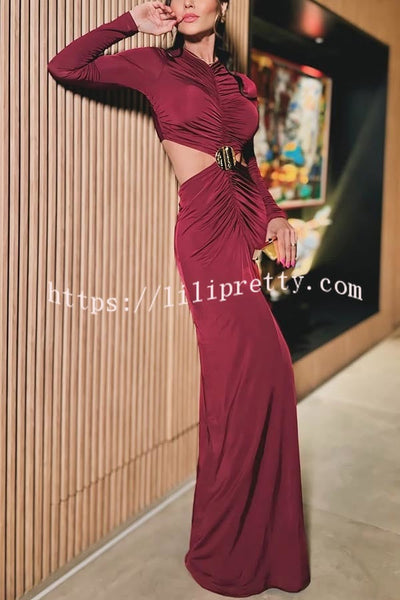 Such A Charmer Metal Pendant Hollow Waist Long Sleeve Ruched Maxi Dress