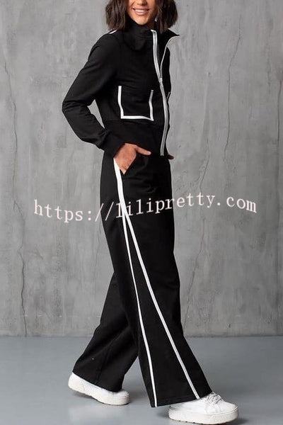 Andi Contrast Color Zipper Stand Collar Jacket and Drawstring Waist Pocketed Loose Pants Set