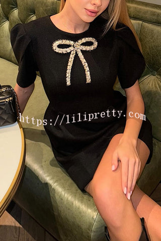 Chic Style Bow Rhinestone Decoration Slit Short Sleeve Mini Dress