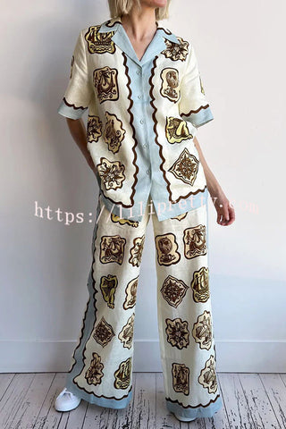 Lakeside Breeze Linen Blend Unique Print Elastic Waist Pocket Wide Leg Pants