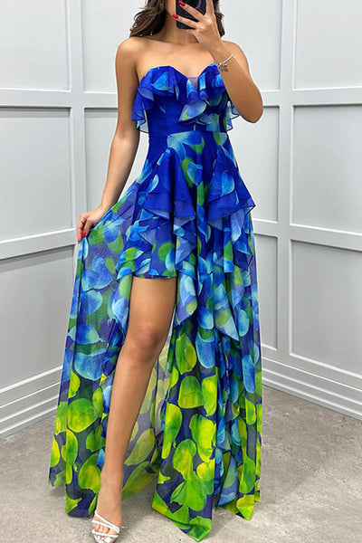 Sexy Gradient Print Ruffle Slit Strapless Irregular Dresses(3 Colors)