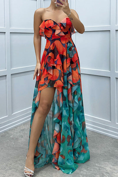 Sexy Gradient Print Ruffle Slit Strapless Irregular Dresses(3 Colors)