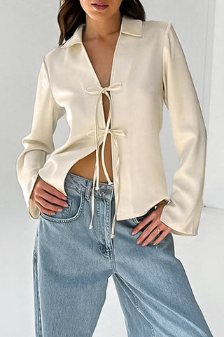 Sexy Solid Color Lace Up Turndown Collar Blouses