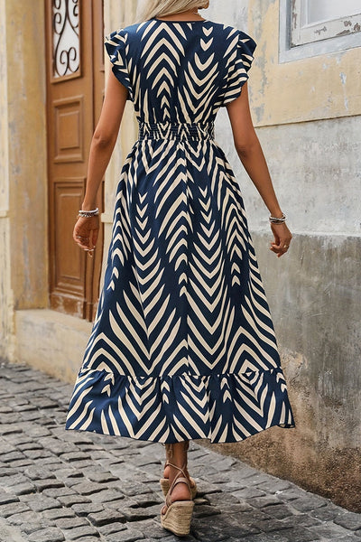 Vacation Elegant Striped Print Patchwork V Neck Waist Skirt Dresses