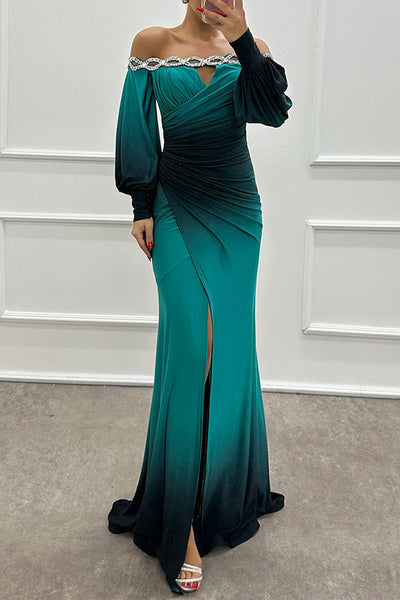 Sexy Prom Gradient Print Slit Ruched Contrast Off Shoulder Long Dresses(7 Colors)