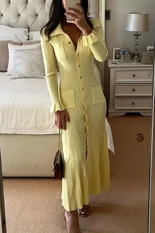 Celebrities Elegant Pocket Buckle Ruffle Turndown Collar Long Sleeve Dresses