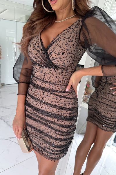 Sexy Sequins Sequined Mesh V Neck Wrapped Skirt Dresses