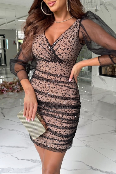 Sexy Sequins Sequined Mesh V Neck Wrapped Skirt Dresses