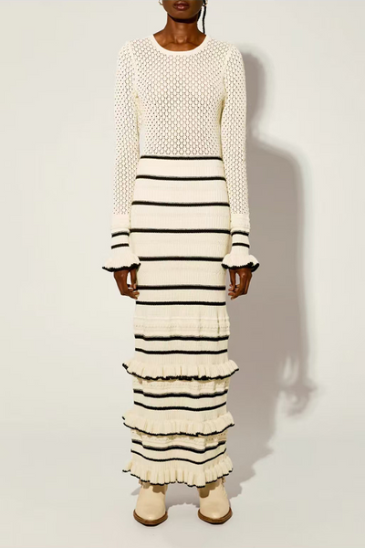 Casual Stripe Ruffle Weave Contrast O Neck Wrapped Skirt Dresses