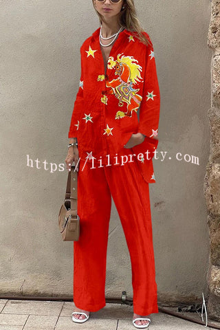 Horse Print Oversized Long Sleeved Shirt and Elastic Waist Pocket Pants Set