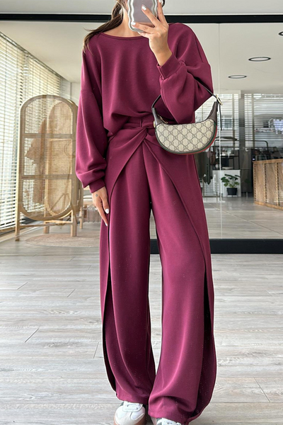 Casual Solid Color Pocket Backless O Neck Long Sleeve Two Pieces