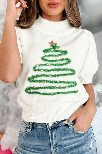 Casual Christmas Tree Sequins Patchwork Half A Turtleneck Tops