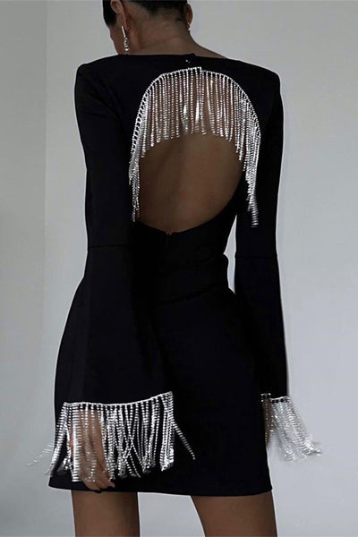 Sexy Fringed Trim Patchwork Backless Square Neck Long Sleeve Dresses