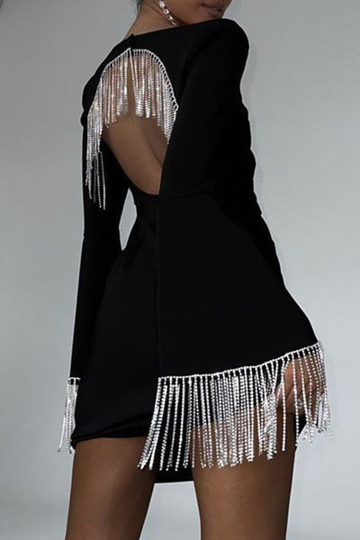 Sexy Fringed Trim Patchwork Backless Square Neck Long Sleeve Dresses