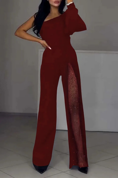 Sexy See-Through Mesh Sloping Shoulder Regular Jumpsuits(2 Colors)