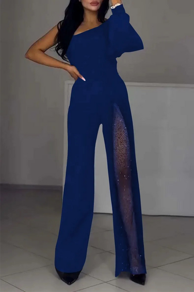 Sexy See-Through Mesh Sloping Shoulder Regular Jumpsuits(2 Colors)