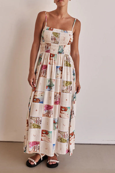 Elegant Landscape printing Contrast Square Neck Sling Dresses