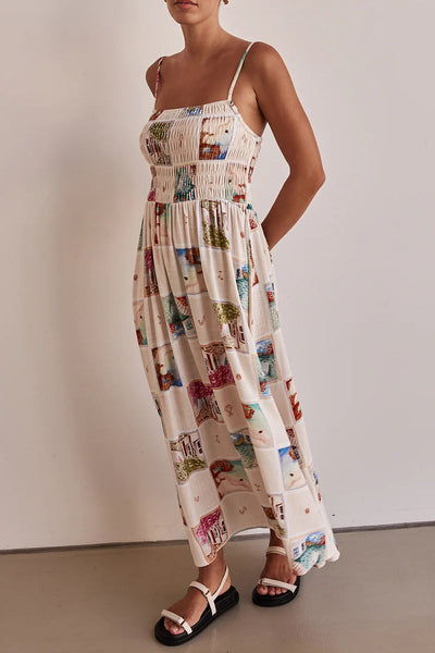 Elegant Landscape printing Contrast Square Neck Sling Dresses