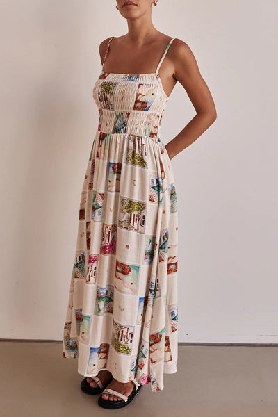 Elegant Landscape printing Contrast Square Neck Sling Dresses