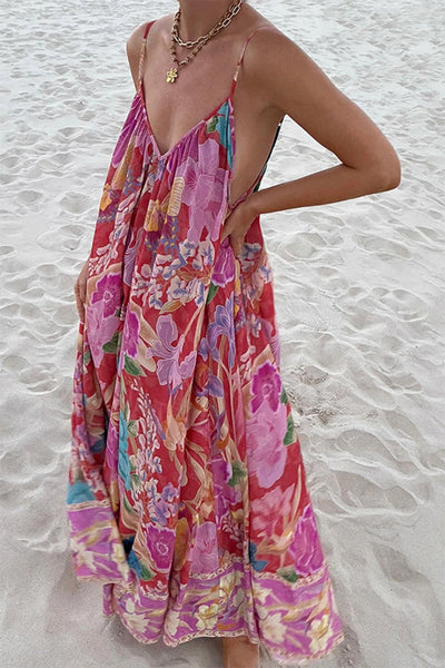 Sexy Vacation Floral Print Backless Contrast V Neck Printed Dresses