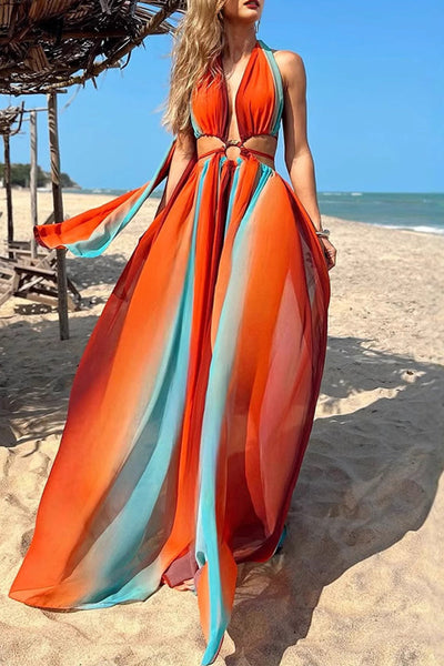 Sexy Stripe Patchwork Backless Contrast Halter Long Dresses