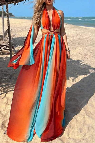 Sexy Stripe Patchwork Backless Contrast Halter Long Dresses